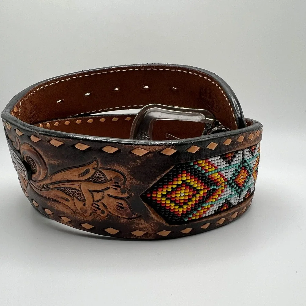 3D Men's Tooled Leather Western Belt Sz 32 – Floral Beaded Silver Buckle Rodeo